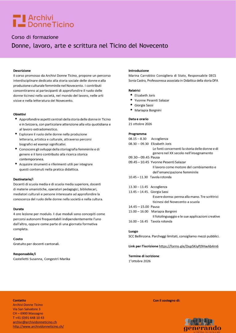 Scopri di più sull'articolo Donne, lavoro, arte e scrittura nel Ticino del Novecento – Corso di formazione aperto a tutti – Mercoledì 21.10.2026